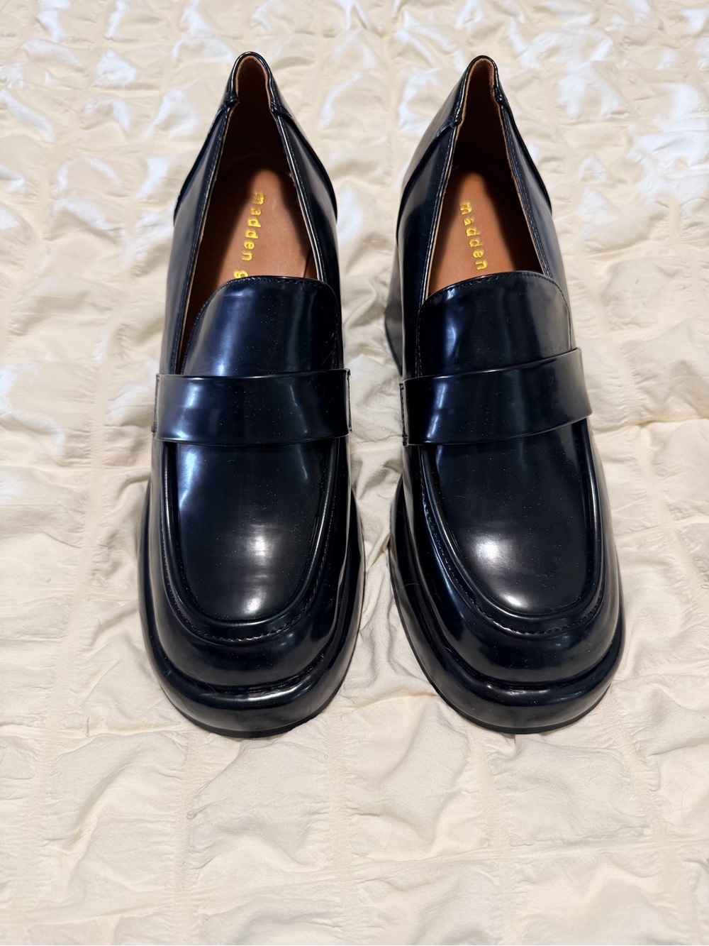 Madden Girl Black Patent Penny Loafers with Glossy Finish